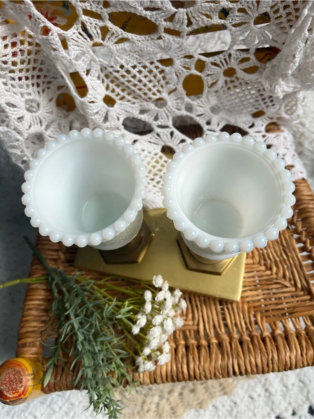 Vitg Ring of Fire Hobnail Milk Glass Peg Votives Paired with Vtg brass holders